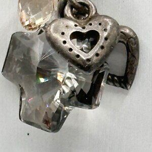 Brighton Karma Cross Necklace Brown Cord w/ Crystal Heart Charms 16 To 18 Inch